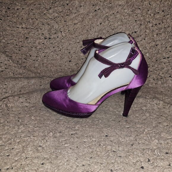 Hugo BOSS-Italy-Purple Satin/Snakeskin Leather-Ankle Wrap-Sz 37-Excellent - Picture 2 of 8